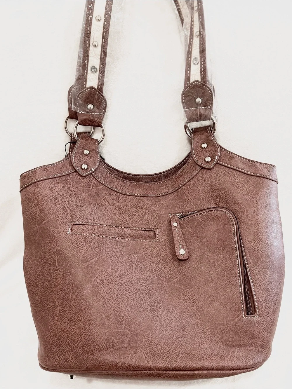 Brown and Cream Embellished Cross Satchel Tote NWT